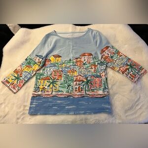 Talbots Petite Mediterranean Village Print Top – Size LP – Coastal Scenic Shirt